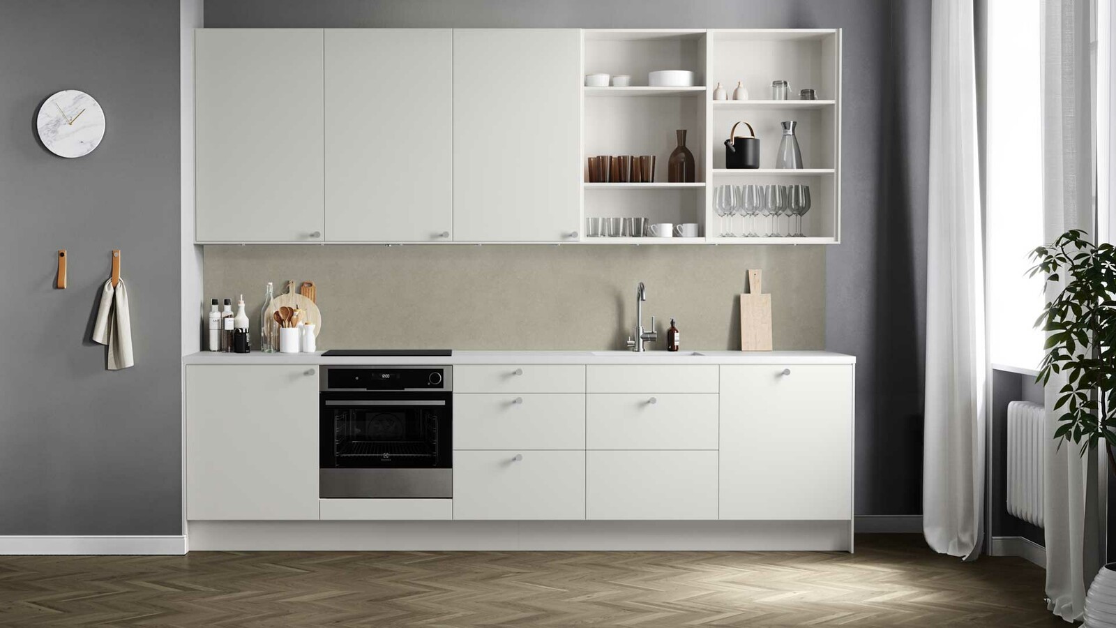 Plan hvit rettveggskjøkken