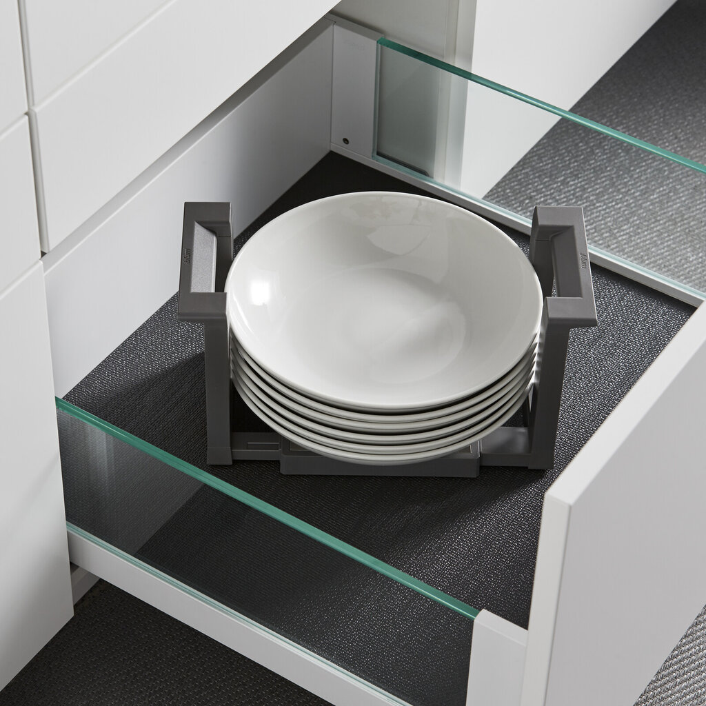 Tallerkenholder i skuffe hvit glass