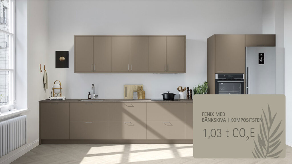 Fenix beige med benkeplate i komposittstein Fenix beige med benkeplate i komposittstein
